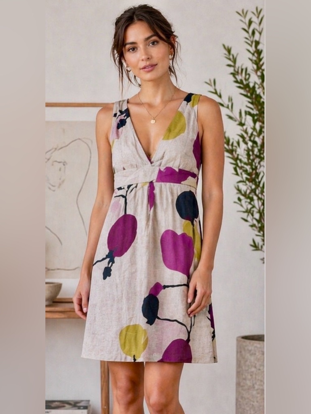 Mint by Jodi Arnold Silk Linen Dress Sz 6 Anthropologie Abstract Designer